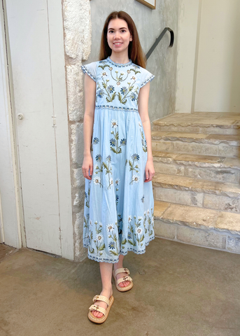 Audra Embroidered Flutter Sleeve Midi Dress in Blue