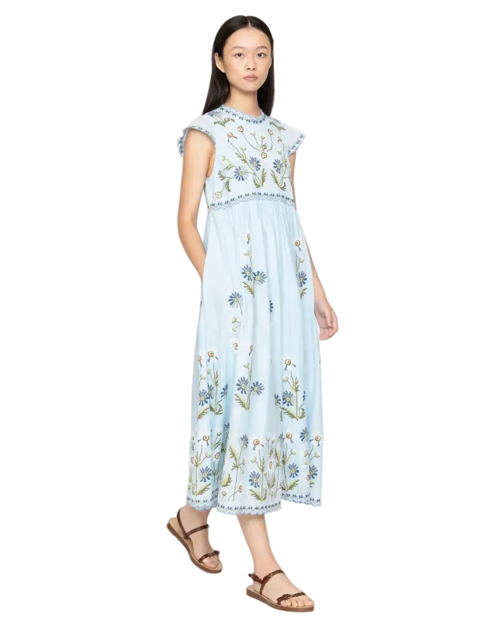 Audra Embroidered Flutter Sleeve Midi Dress in Blue