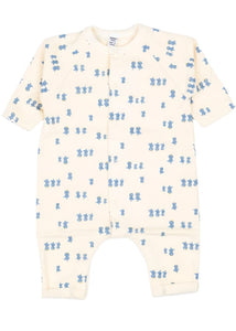 Baby Birds Print Long Sleeve Snap Front Romper in Cream + Blue