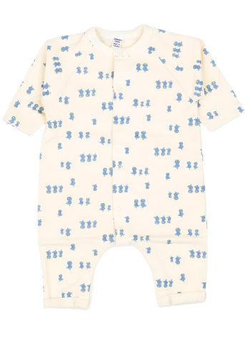 Baby Birds Print Long Sleeve Snap Front Romper in Cream + Blue