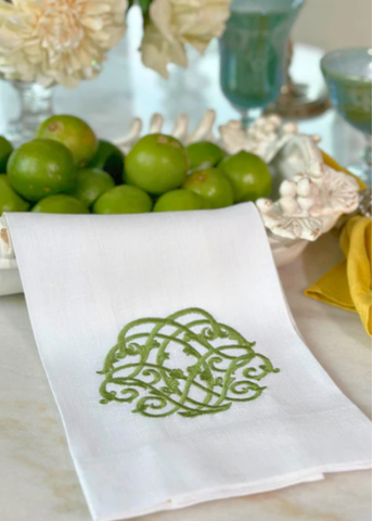 Baroque Green Embroidered Linen Tea Towel