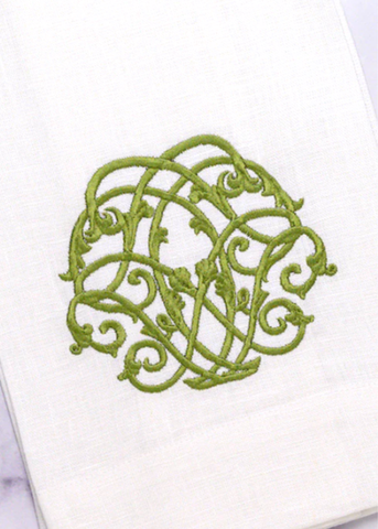 Baroque Green Embroidered Linen Tea Towel
