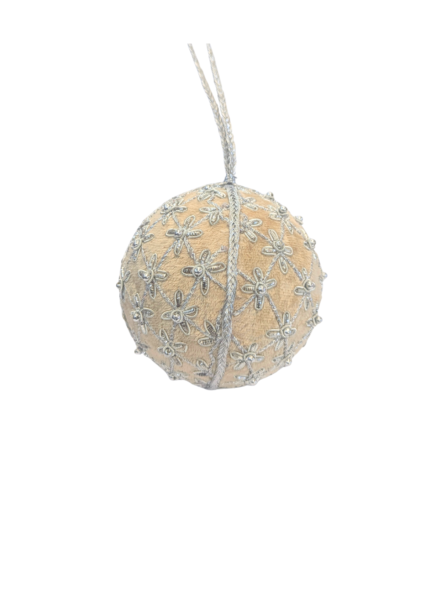 Beaded Snowflake Velvet Ball Ornament in Beige