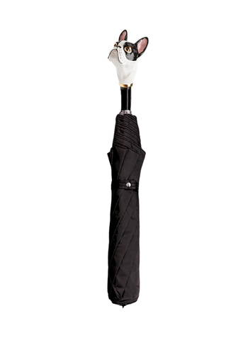 Black + White Bulldog Head Handled Short Umbrella in Black