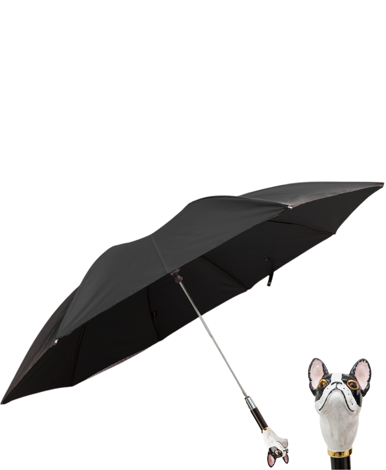 Black + White Bulldog Head Handled Short Umbrella in Black