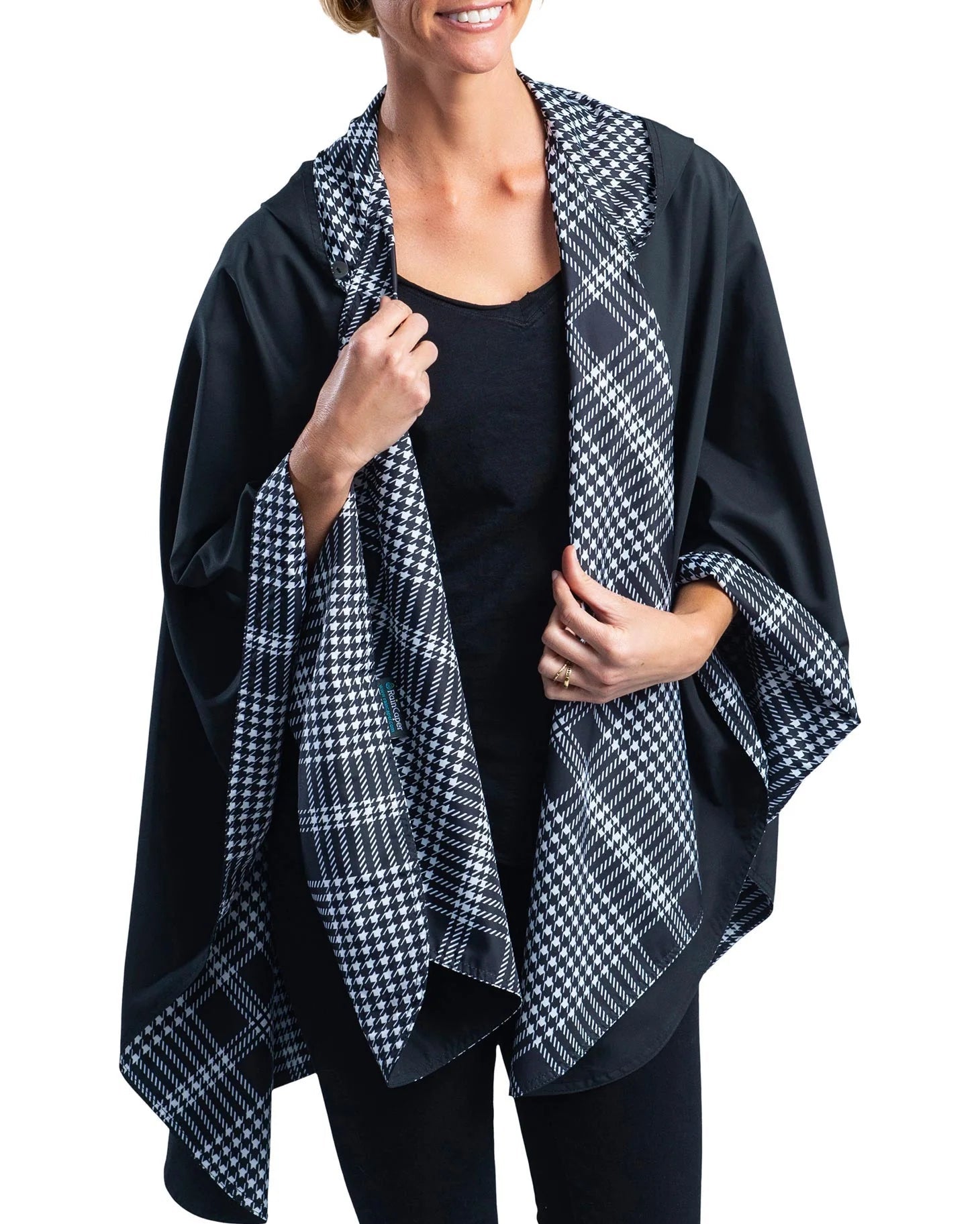 Women's Hooded Rain Cape In Houndstooth