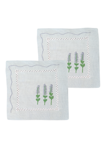 Blue Bonnet Hand Embroidered White Linen Cocktail Napkin