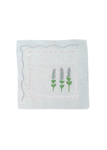 Blue Bonnet Hand Embroidered White Linen Cocktail Napkin