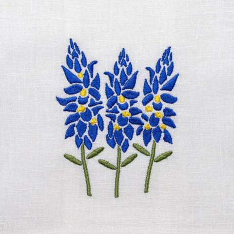 Blue Bonnets Embroidered Linen Tea Towel