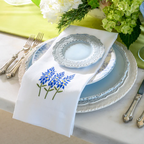 Blue Bonnets Embroidered Linen Tea Towel