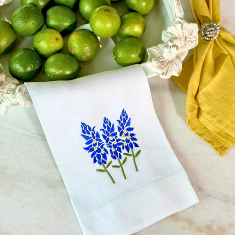 Blue Bonnets Embroidered Linen Tea Towel