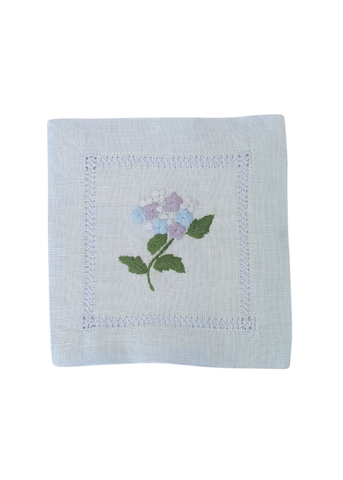Blue Hydrangea Hand Embroidered Blue Linen Cocktail Napkin