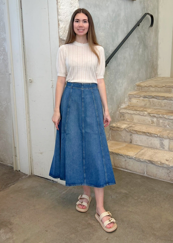The Brigette Denim Midi Skirt in Danube