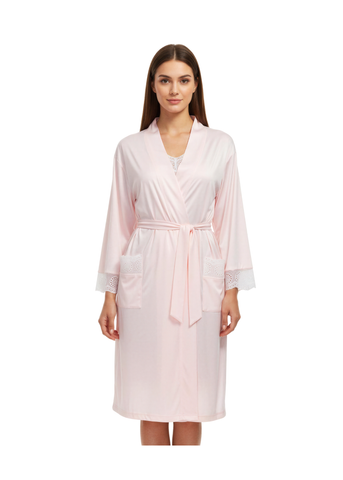 Butterknit Eyelet Lace Long Sleeve Short Robe in Pink