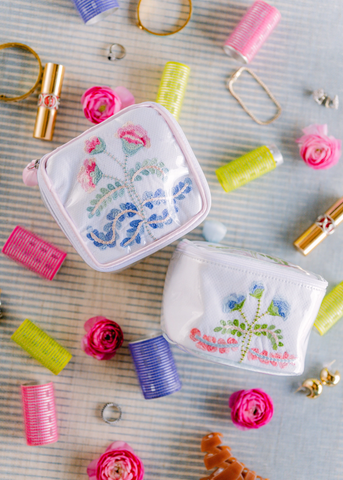 Carnation Embroidered Jewelry Box in Pink Satin