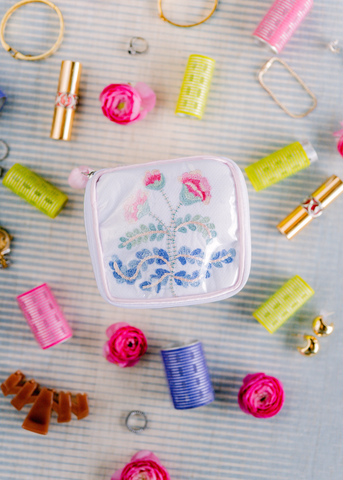 Carnation Embroidered Jewelry Box in Pink Satin