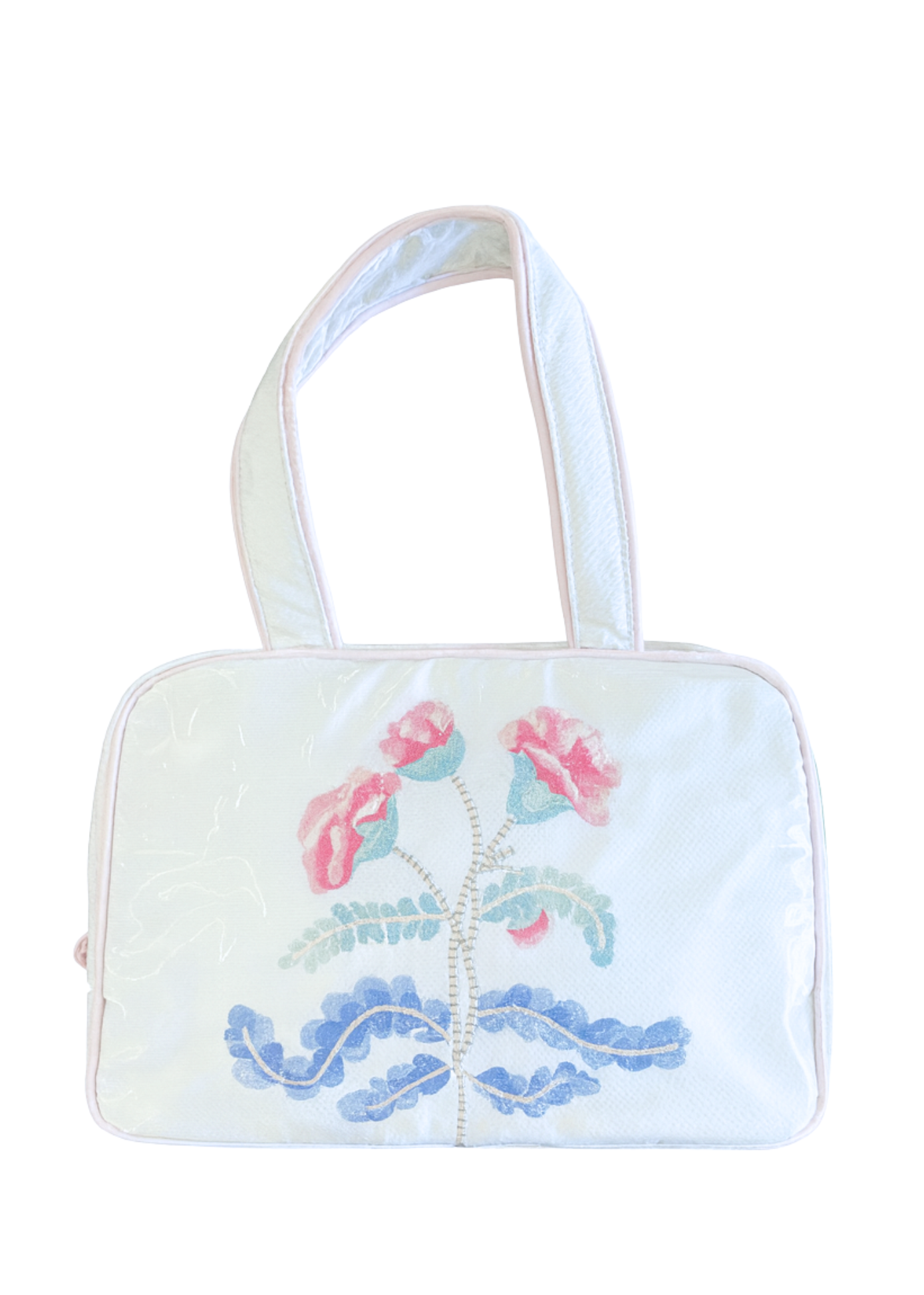 Carnation Embroidered Double Handle Cosmetic Bag in Pink Satin