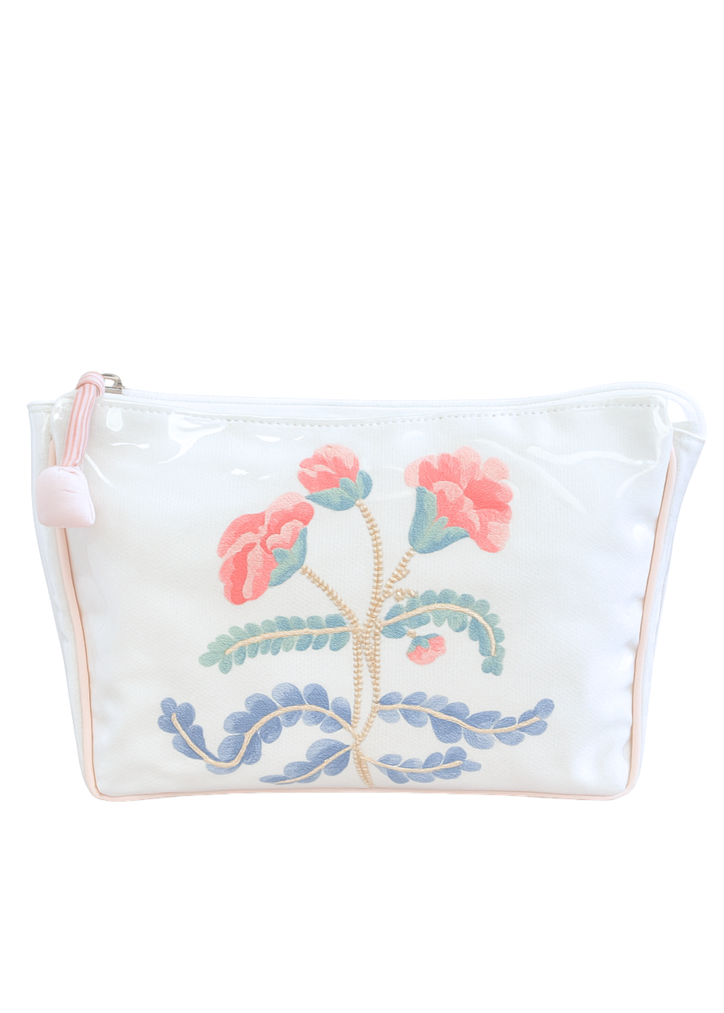 Carnation Embroidered Large Makeup Bag in Satin Pink
