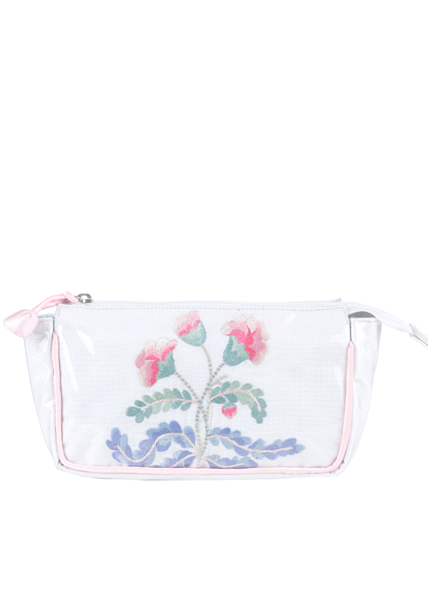 Carnation Embroidered Small Makeup Bag in Satin Pink