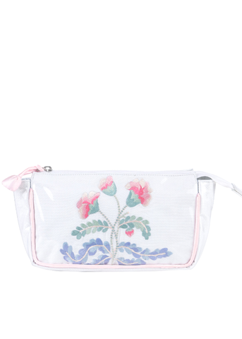 Carnation Embroidered Small Makeup Bag in Satin Pink