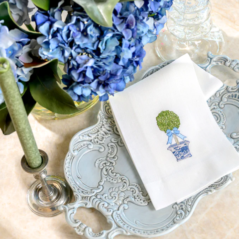 Chinoiserie Boxwood Embroidered Linen Tea Towel
