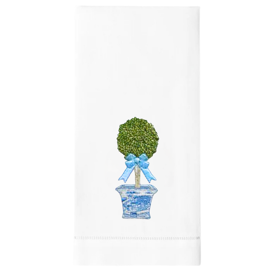 Chinoiserie Boxwood Embroidered Linen Tea Towel