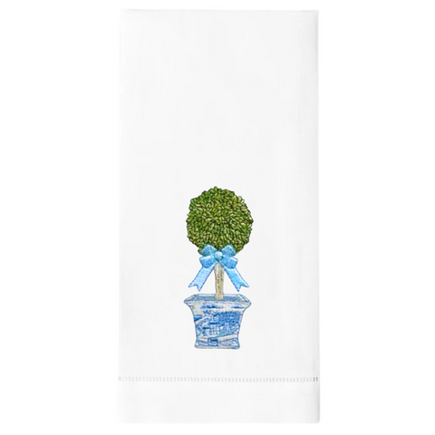 Chinoiserie Boxwood Embroidered Linen Tea Towel