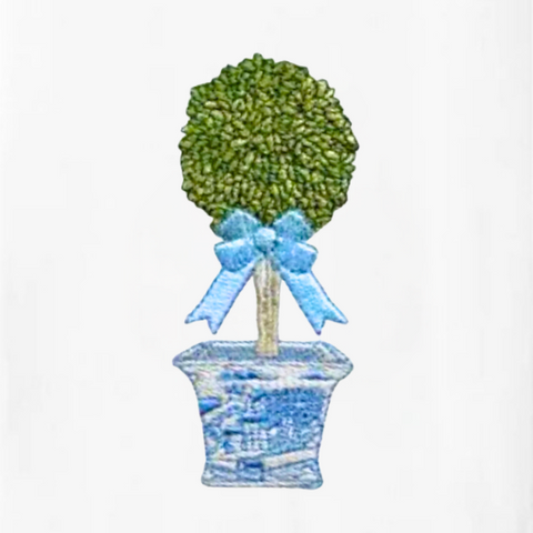 Chinoiserie Boxwood Embroidered Linen Tea Towel