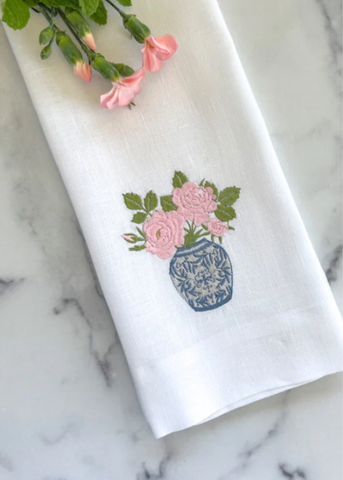 Chinoiserie Jar of Roses Embroidered Linen Tea Towel