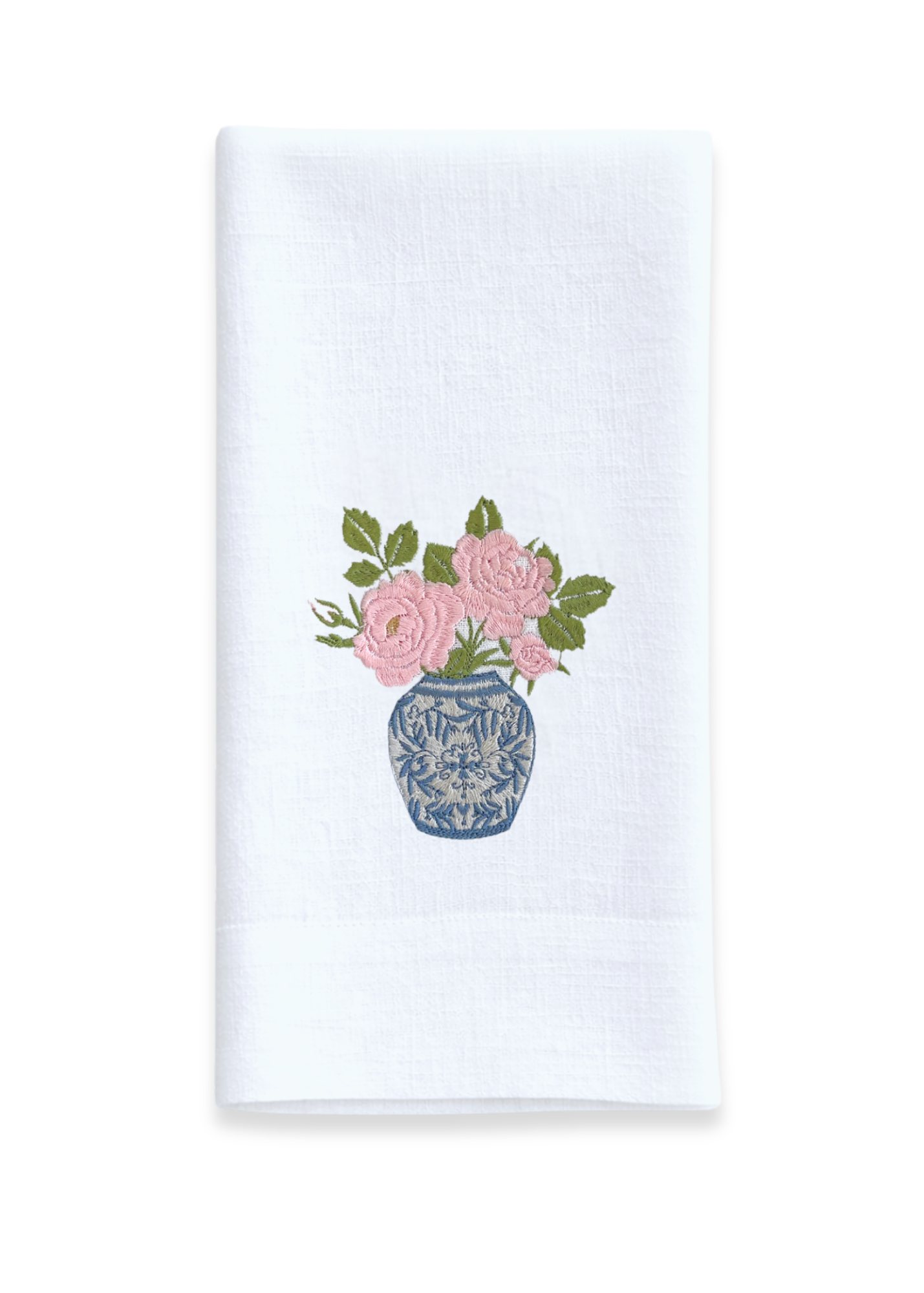 Chinoiserie Jar of Roses Embroidered Linen Tea Towel