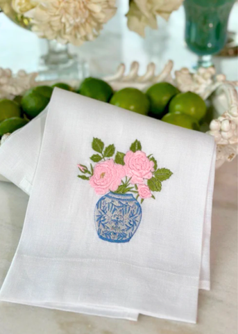 Chinoiserie Jar of Roses Embroidered Linen Tea Towel
