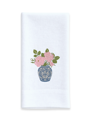 Chinoiserie Jar of Roses Embroidered Linen Tea Towel