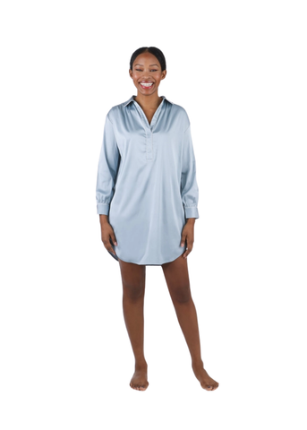 Chloe Satin Long Sleeve Nightshirt in Blue