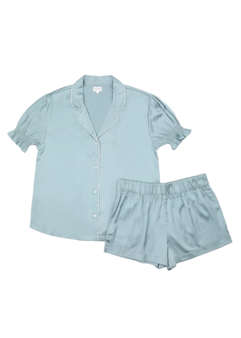 Chloe Satin Short Sleeve Short Pajama Set in Blue