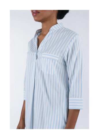 Classic Striped Cotton Long Sleeve Nightshirt in Blue + White