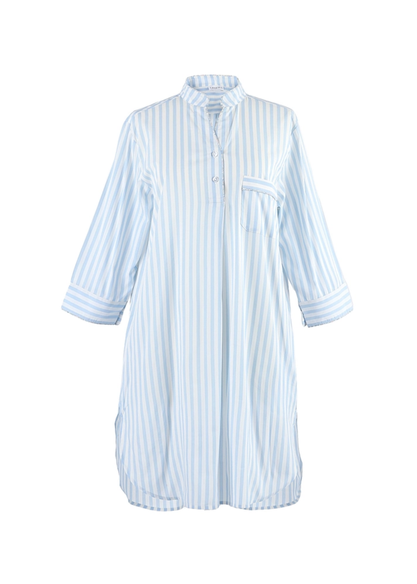 Classic Striped Cotton Long Sleeve Nightshirt in Blue + White