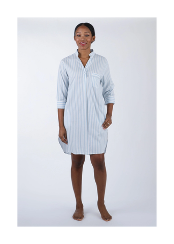 Classic Striped Cotton Long Sleeve Nightshirt in Blue + White