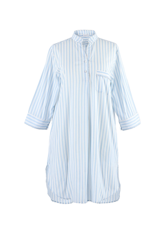 Classic Striped Cotton Long Sleeve Nightshirt in Blue + White