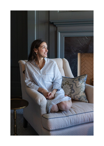 Classic Striped Cotton Long Sleeve Nightshirt in Blue + White