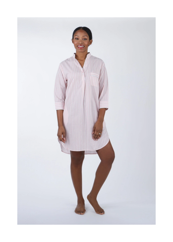 Classic Striped Cotton Long Sleeve Nightshirt in Pink + White
