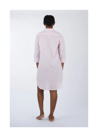 Classic Striped Cotton Long Sleeve Nightshirt in Pink + White