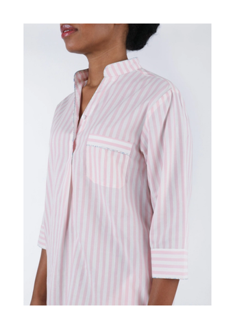 Classic Striped Cotton Long Sleeve Nightshirt in Pink + White