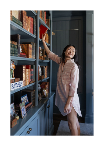 Classic Striped Cotton Long Sleeve Nightshirt in Pink + White