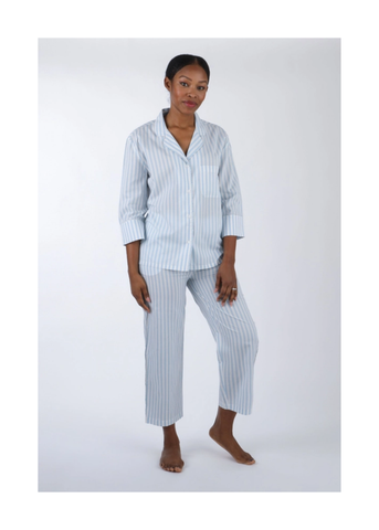Classic Striped Cotton Long Sleeve Capri Pajama Set in Blue + White