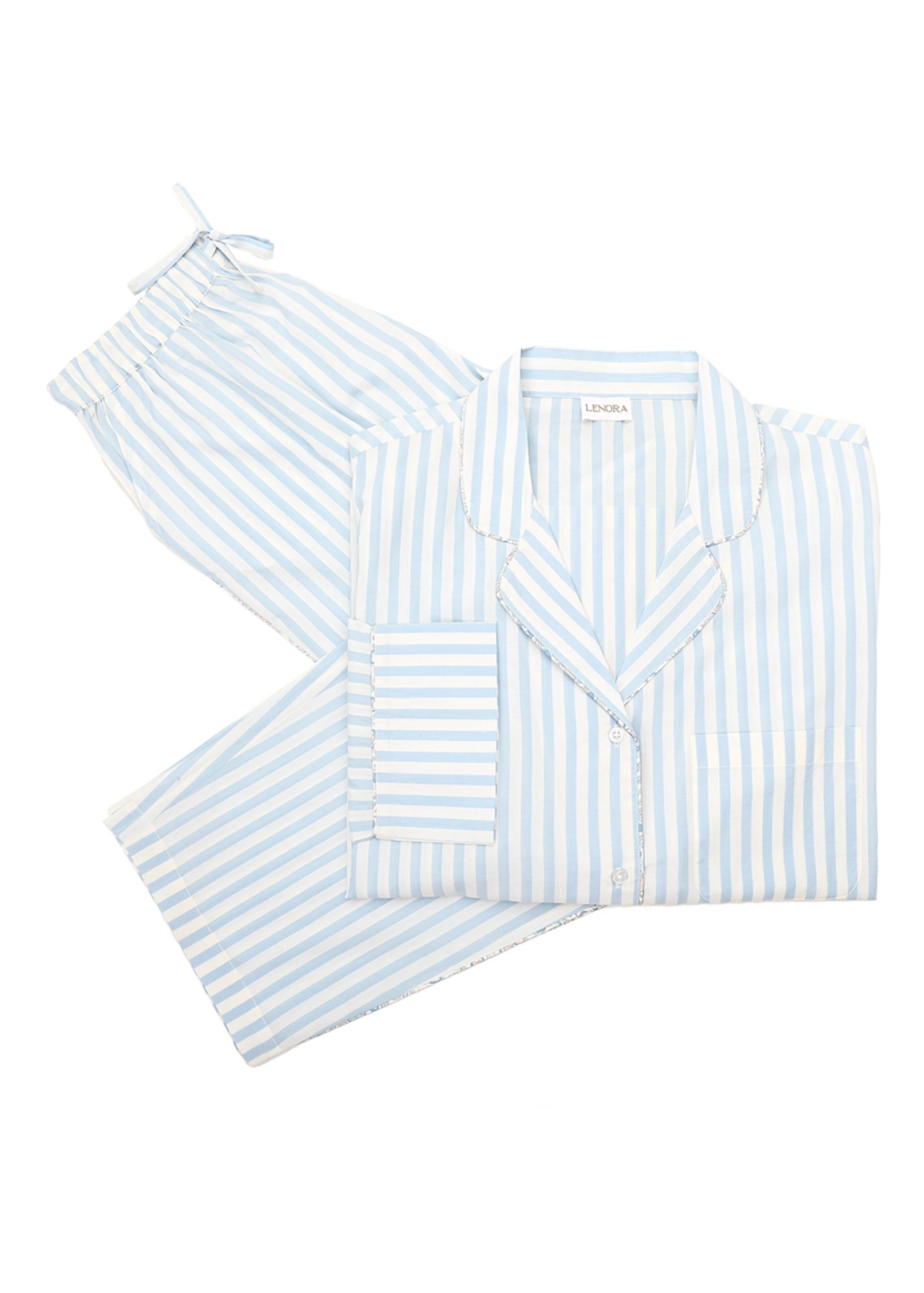 Classic Striped Cotton Long Sleeve Capri Pajama Set in Blue + White