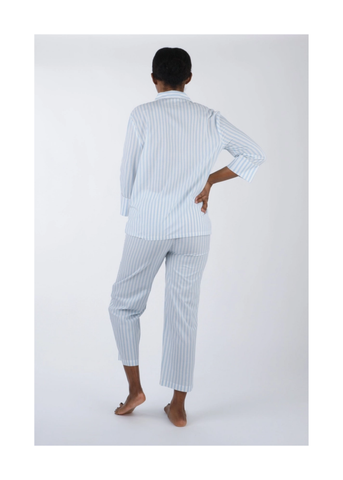 Classic Striped Cotton Long Sleeve Capri Pajama Set in Blue + White