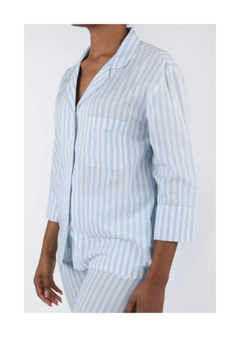 Classic Striped Cotton Long Sleeve Capri Pajama Set in Blue + White