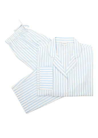 Classic Striped Cotton Long Sleeve Capri Pajama Set in Blue + White