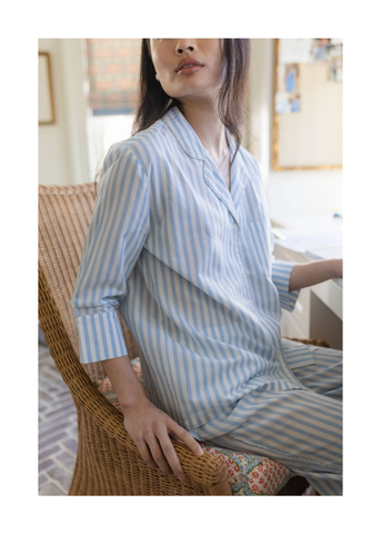 Classic Striped Cotton Long Sleeve Capri Pajama Set in Blue + White