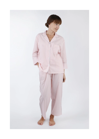 Classic Striped Cotton Long Sleeve Capri Pajama Set in Pink + White